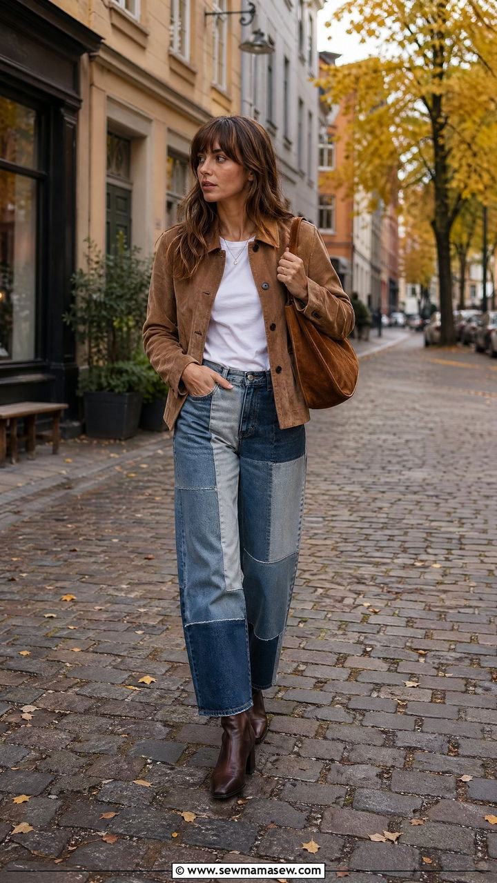 Suede jacket with patchwork denim outfit - 35 Copenhagen outfits