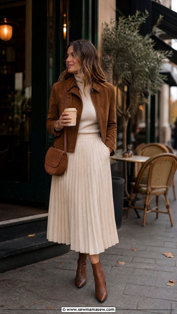 Suede jacket with pleated midi skirt - 30 classy jacket outfits
