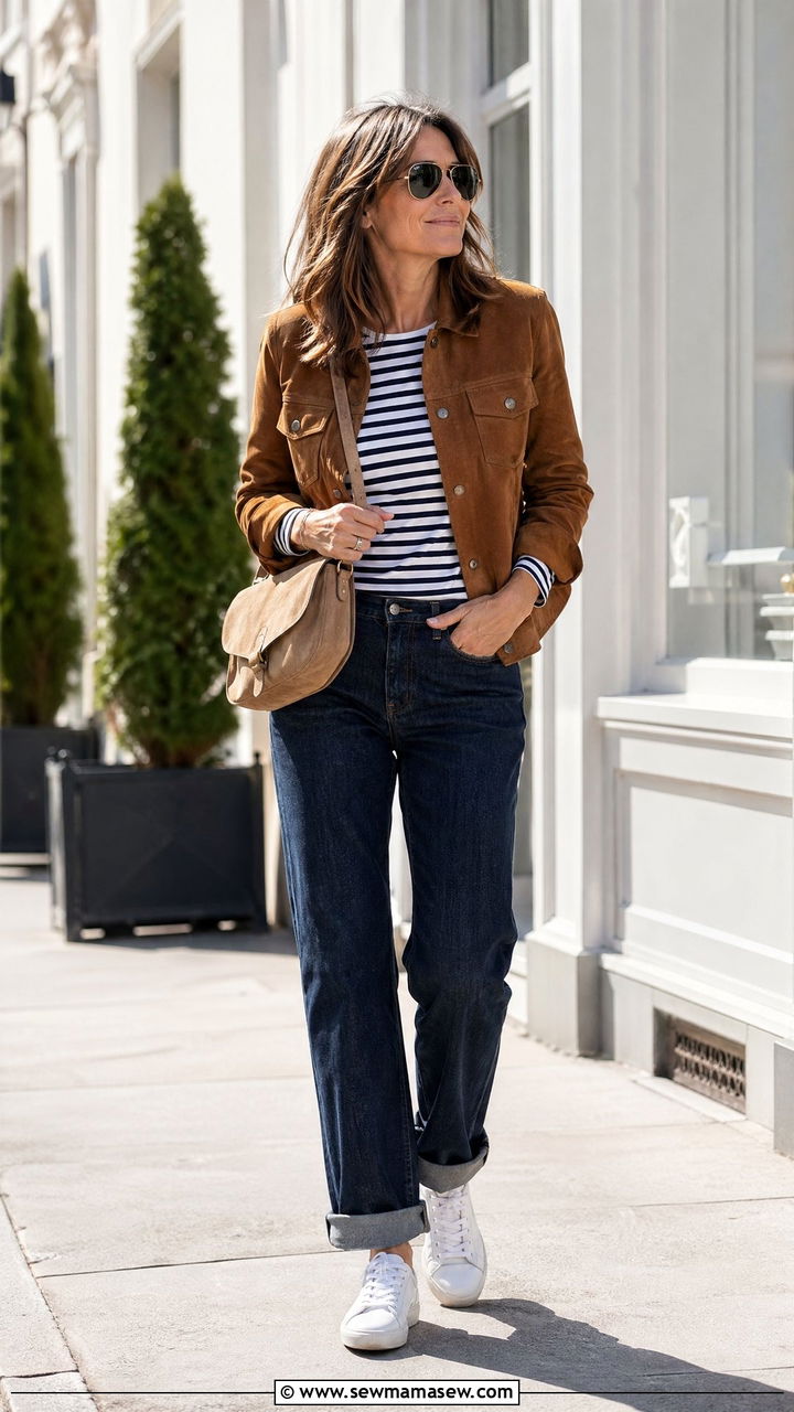 Suede jacket with striped shirt and jeans - 35 French girl outfit ideas for women over 40