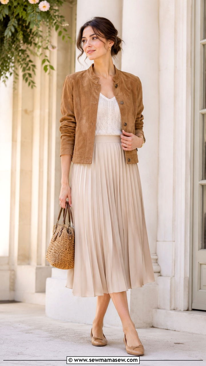 Suede leather jacket with pleated skirt - 30 Spring outfits with leather jackets