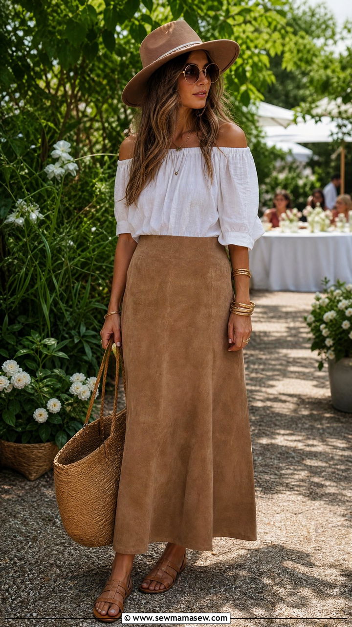 Suede maxi skirt with off shoulder blouse and woven tote - 30 Suede skirt outfit ideas