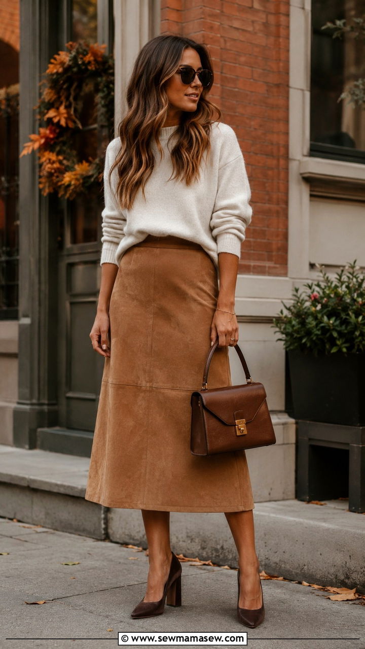 Suede midi skirt with block heel pumps - 30 Midi skirt outfit ideas with heels