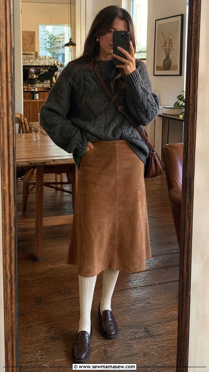 Suede midi skirt with chunky cable knit sweater and tall socks - 30 Suede skirt outfit ideas