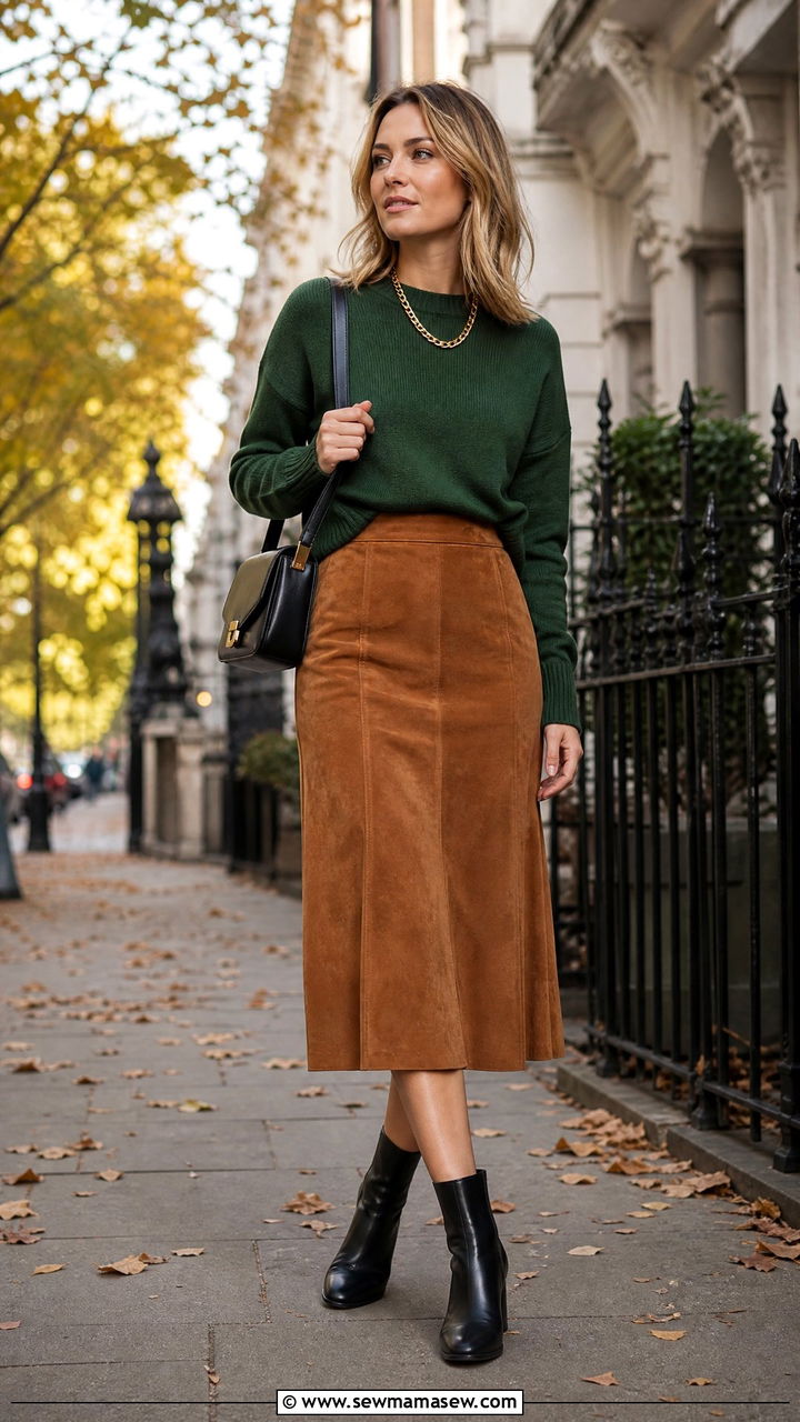 Suede midi skirt with cotton sweater and ankle boots - 30 summer to fall outfits for women