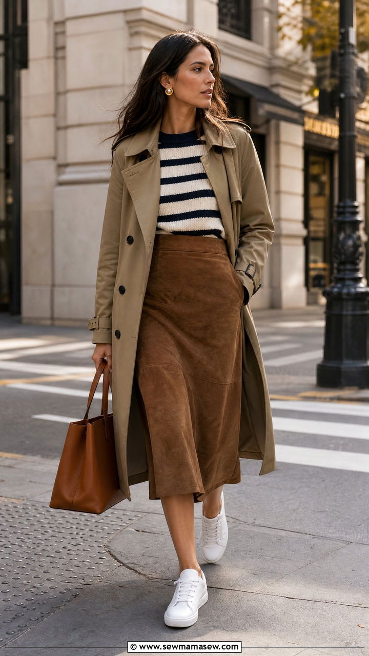 Suede midi skirt with oversized trench coat and striped sweater - 30 Suede skirt outfit ideas
