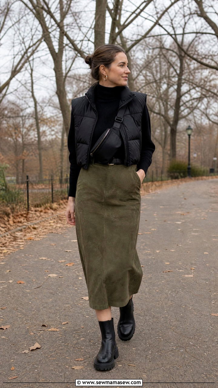 Suede midi skirt with puffer vest and wool polo - 30 Suede skirt outfit ideas