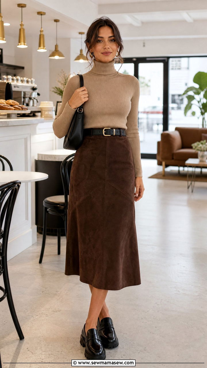 Suede midi skirt with turtleneck bodysuit and chunky loafers - 30 Suede skirt outfit ideas