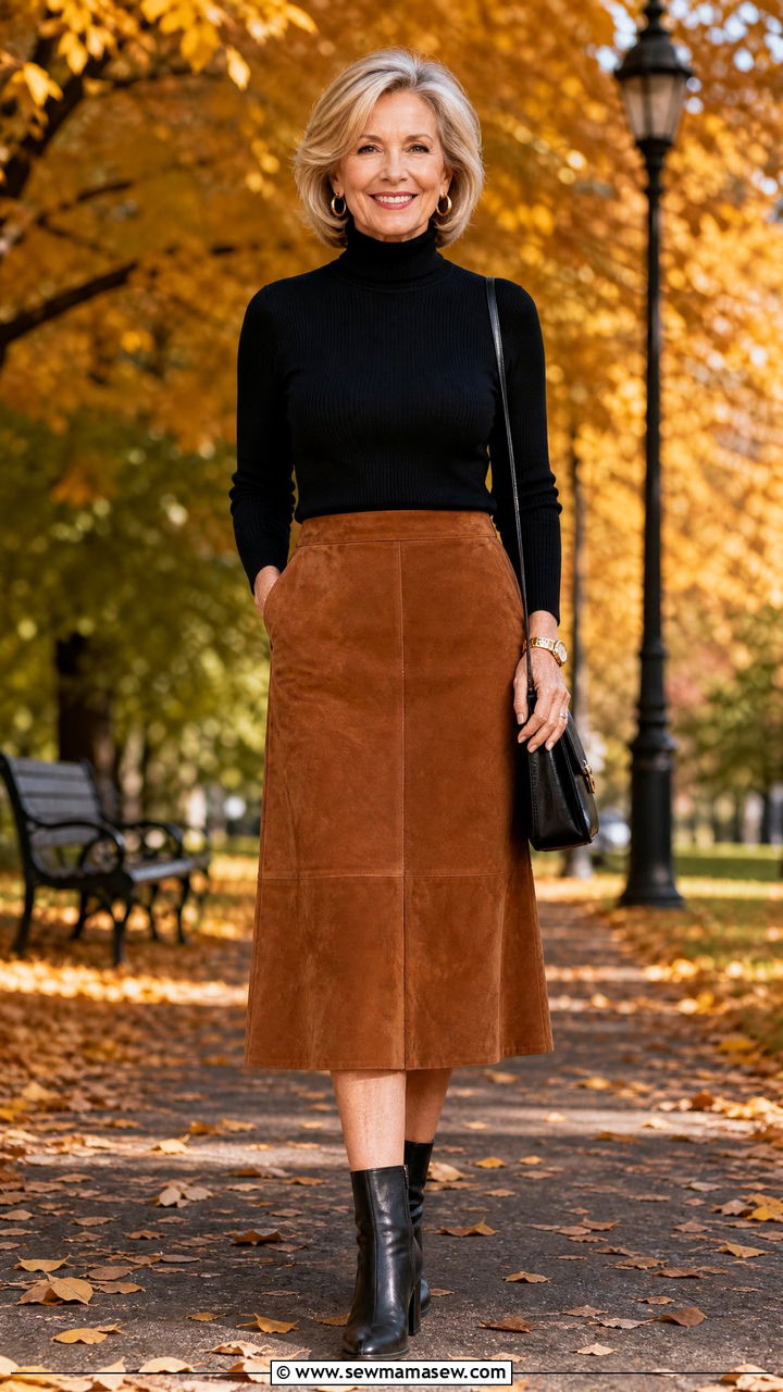 Suede midi skirt with turtleneck sweater - 30 Outfit ideas for women over 55