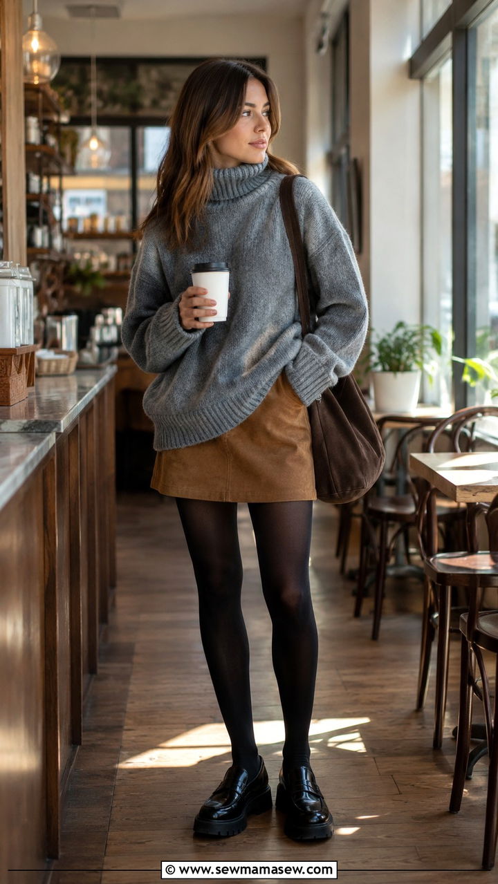 Suede mini skirt with chunky knit and lug sole loafers - 30 Loafers outfit ideas with a skirt