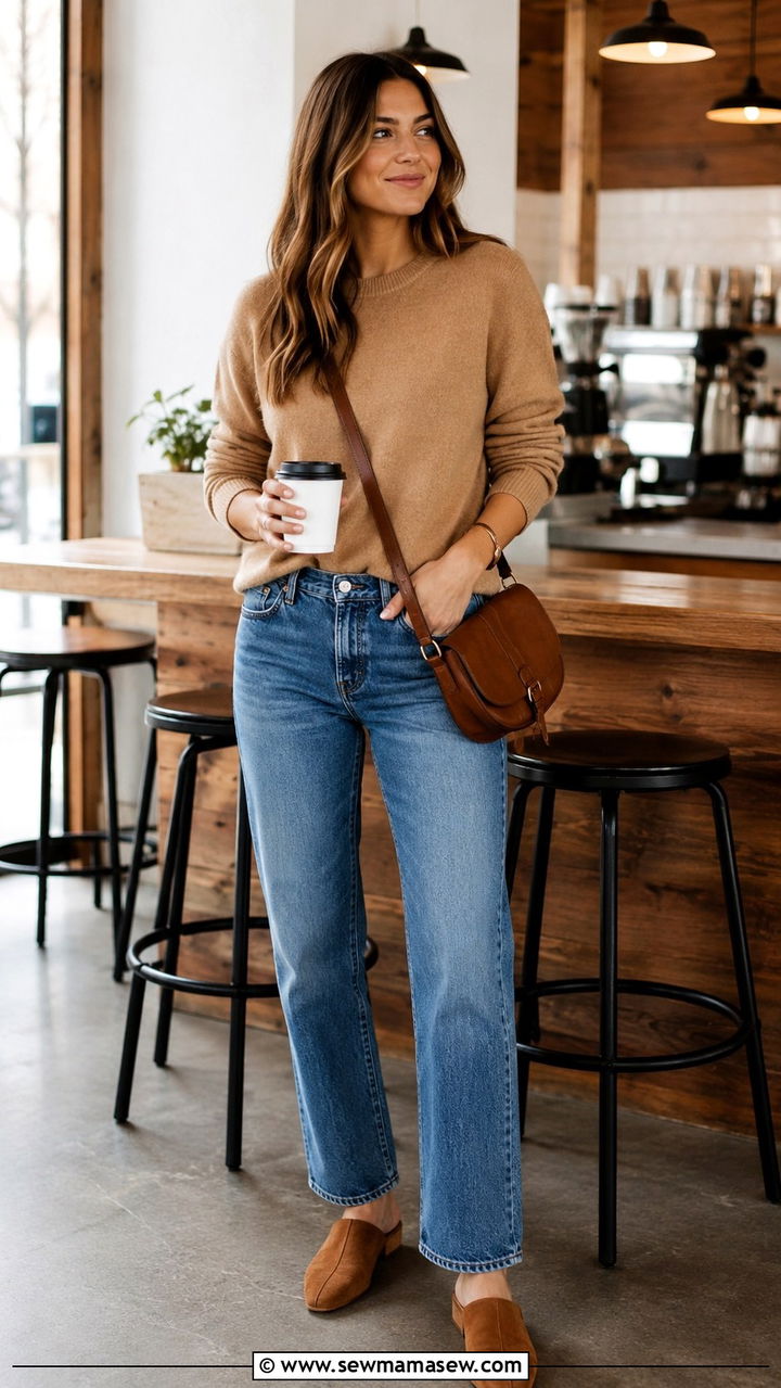 Suede mules with straight leg jeans and a cashmere crewneck - 30 Straight leg jeans outfit ideas with flats