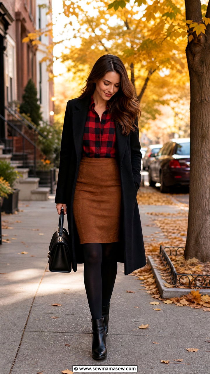 Suede skirt with plaid shirt and long wool coat - 30 Suede skirt outfit ideas