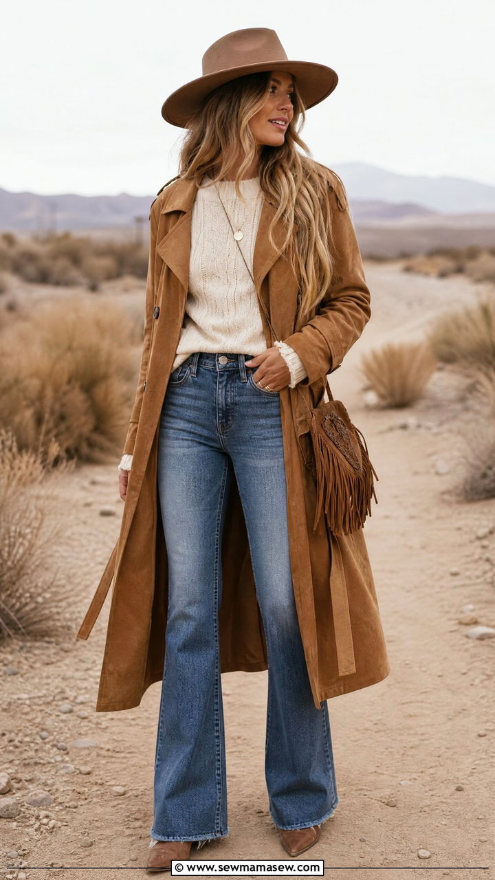 Suede trench coat with flare jeans and western boots - 30 Flare jeans outfit ideas with a trench coat