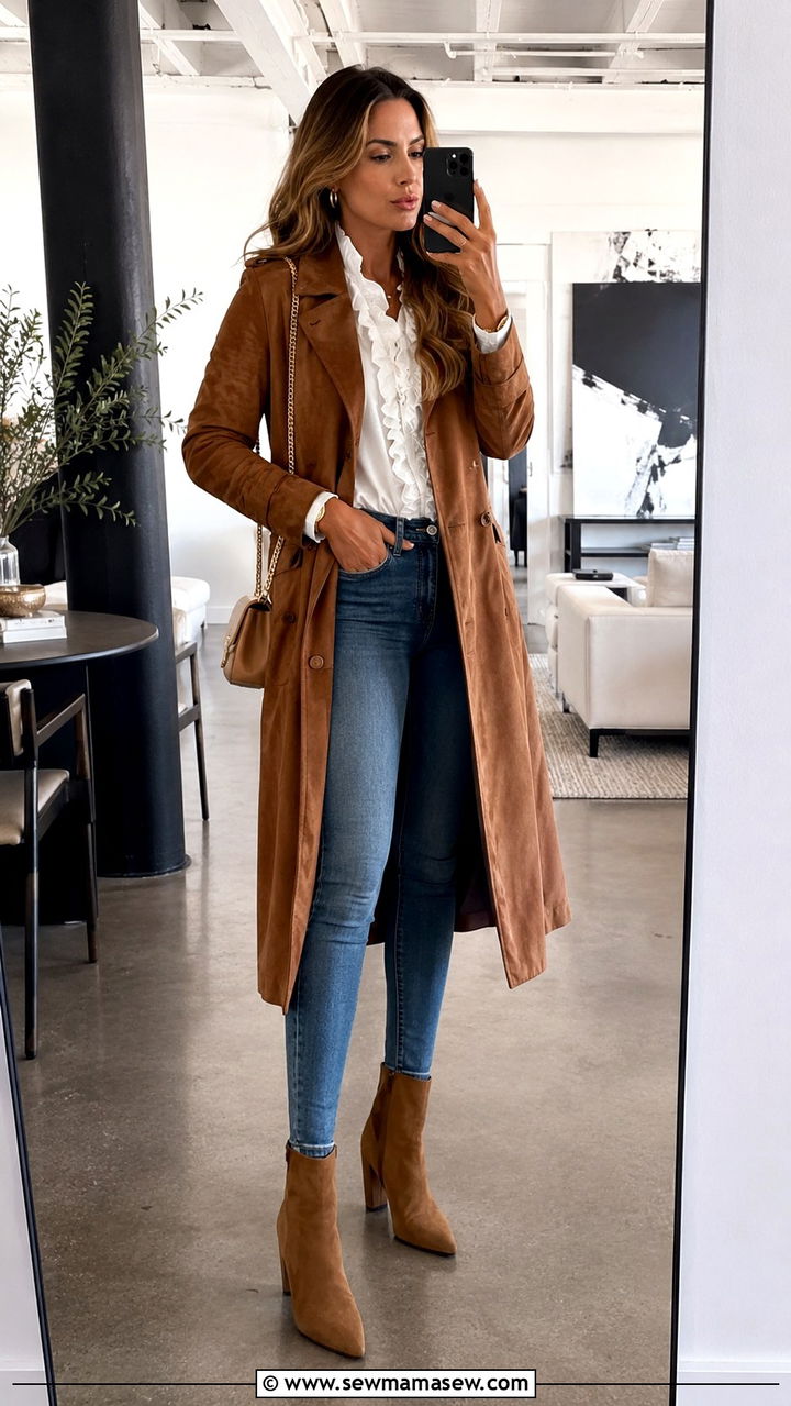 Suede trench coat with skinny jeans and heeled ankle boots - 30 Spring outfits with trench coat