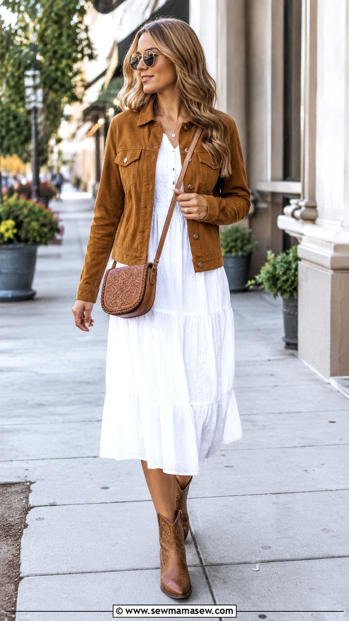 Suede trucker jacket with a white midi dress and Western boots - 30 Unpredictable weather outfit ideas