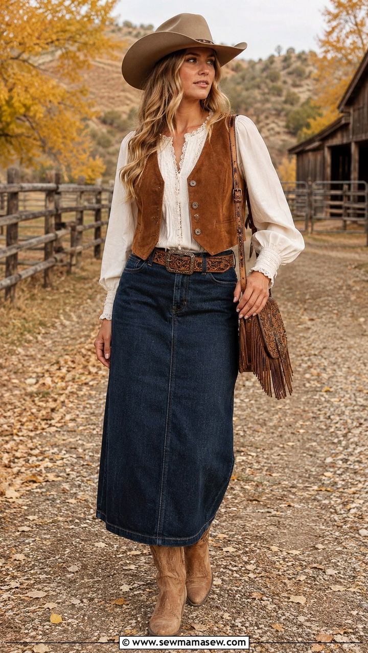 Suede vest and blouse long denim skirt with cowboy boots - 30 Long denim skirt outfit ideas with cowboy boots