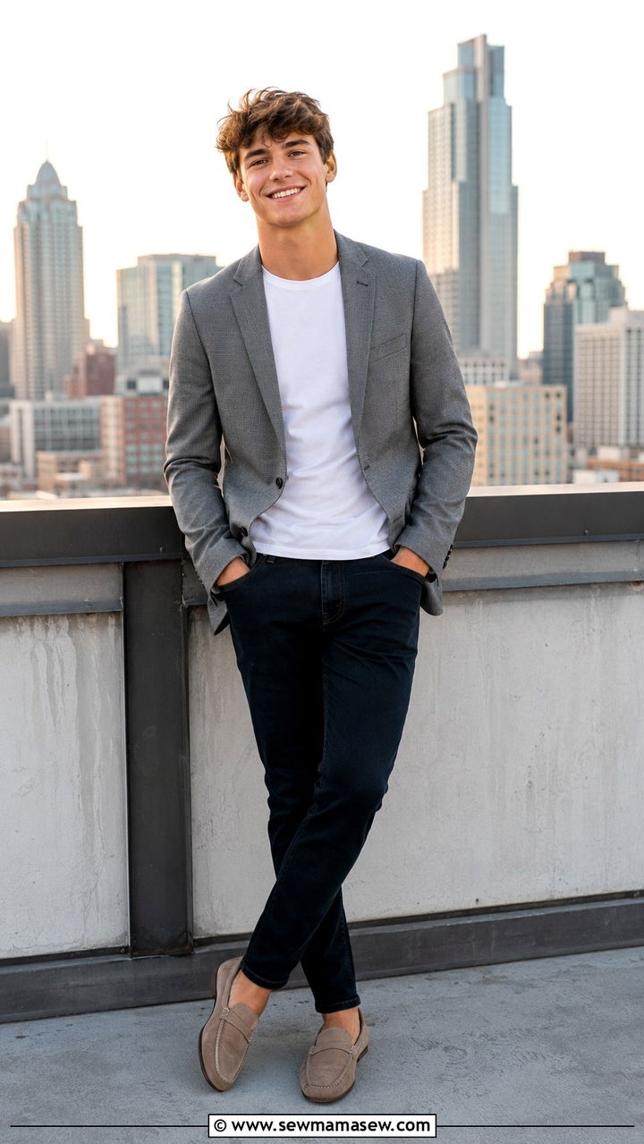 Suit Jacket with Plain Tee and Dark Jeans - 30 Senior photo outfit ideas for guys