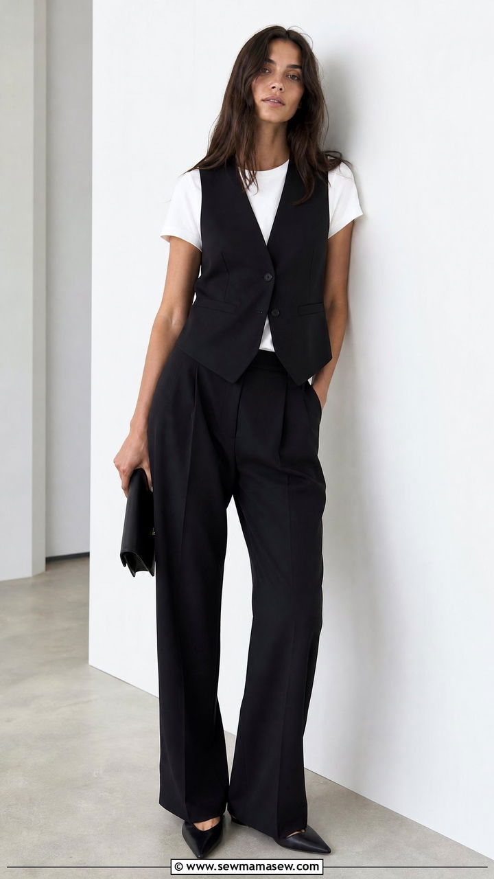 Suit vest with wide leg trousers outfit - 35 Model off duty outfit ideas