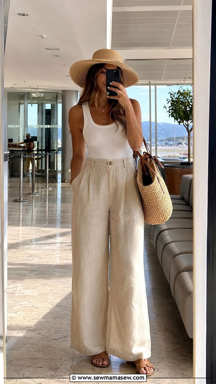 Summer Airport Outfit With Linen Wide Leg Pants - 25 travel outfits Pinterest