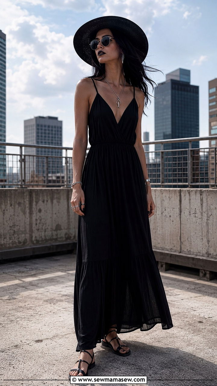 Summer Goth Black Maxi Dress With Leather Sandals - 25 Trendy summer outfit ideas 2026