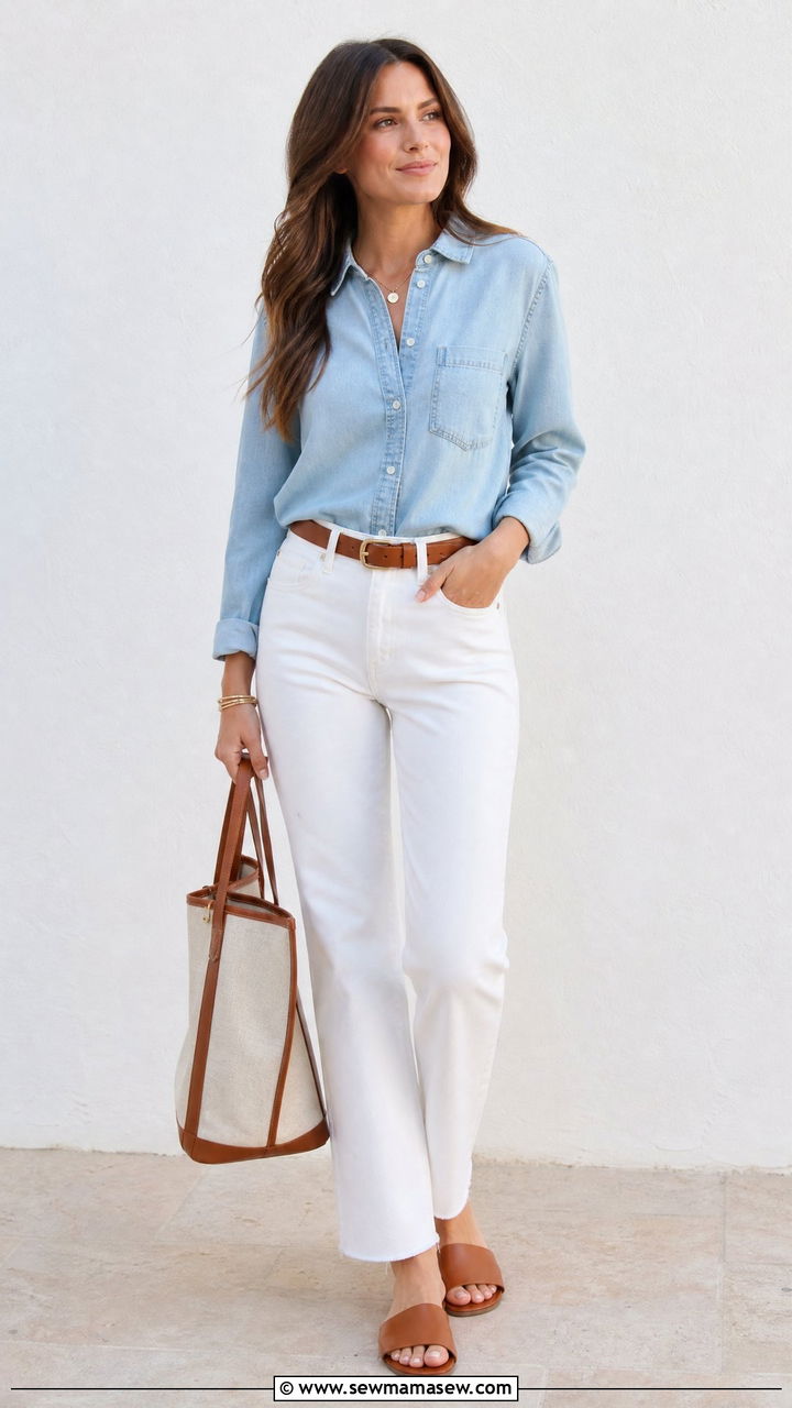 Summer denim shirt and white jeans outfit - 30 Summer go to outfit formulas