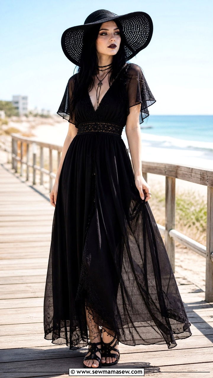 Summer goth black chiffon maxi dress with wide brim sun hat - 40 Gothic outfit ideas