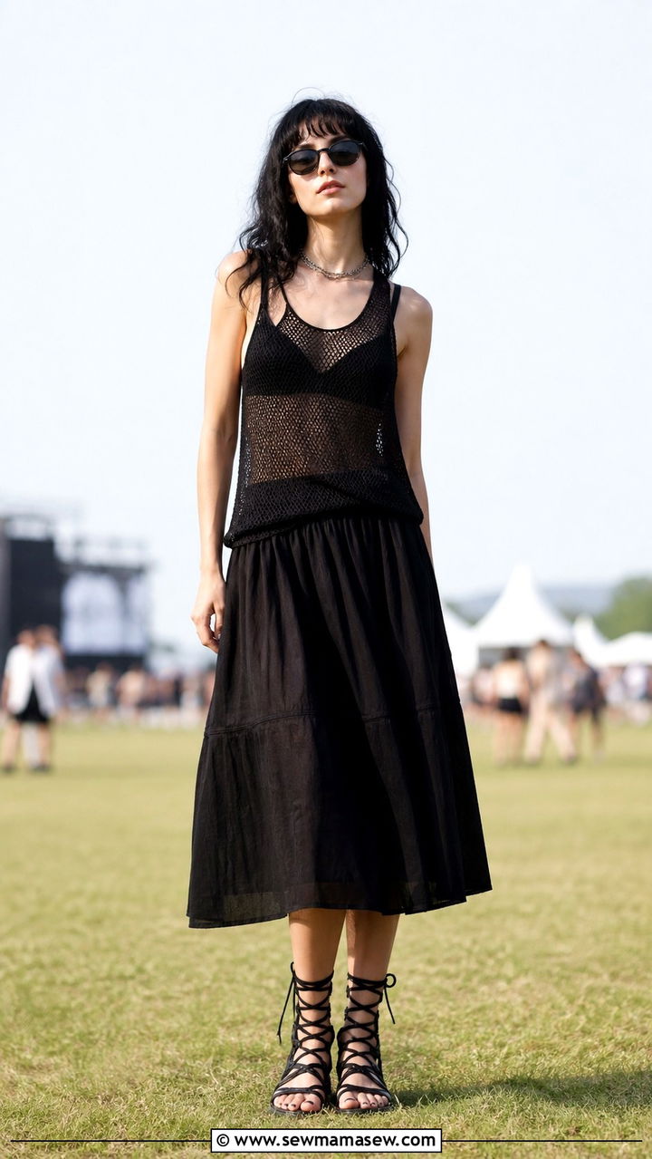 Summer goth mesh tank top with lightweight black midi skirt and sandals - 40 Gothic outfit ideas
