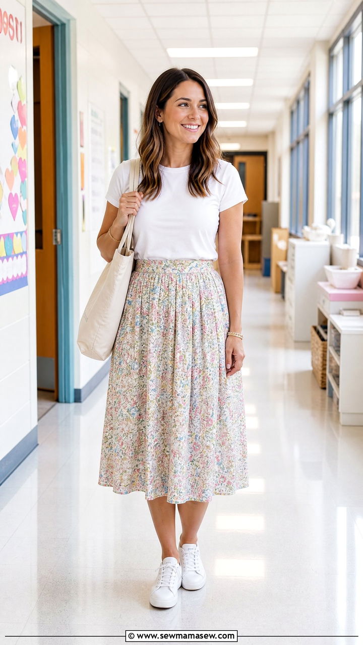 Summer teacher midi skirt outfit with white tee - 30 summer teacher outfit ideas