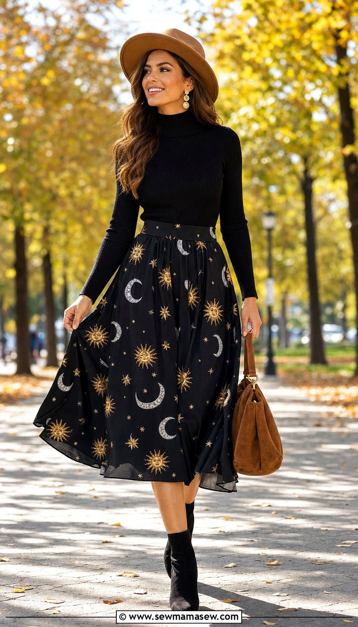 Sun Moon And Stars Patterned Skirt Outfit - 25 cute celestial outfits
