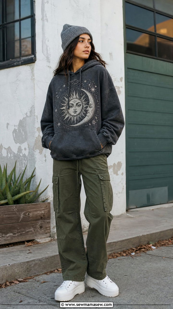 Sun and Moon Graphic Hoodie with Cargo Pants - 25 casual celestial outfits
