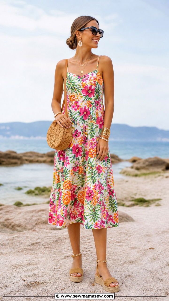 Sundress With Wedge Sandals And Straw Bag - 40 Destination wedding guest outfits