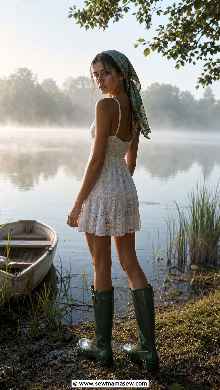 Sundress With a Headscarf and Rubber Boots - 25 Summer lake day outfit ideas