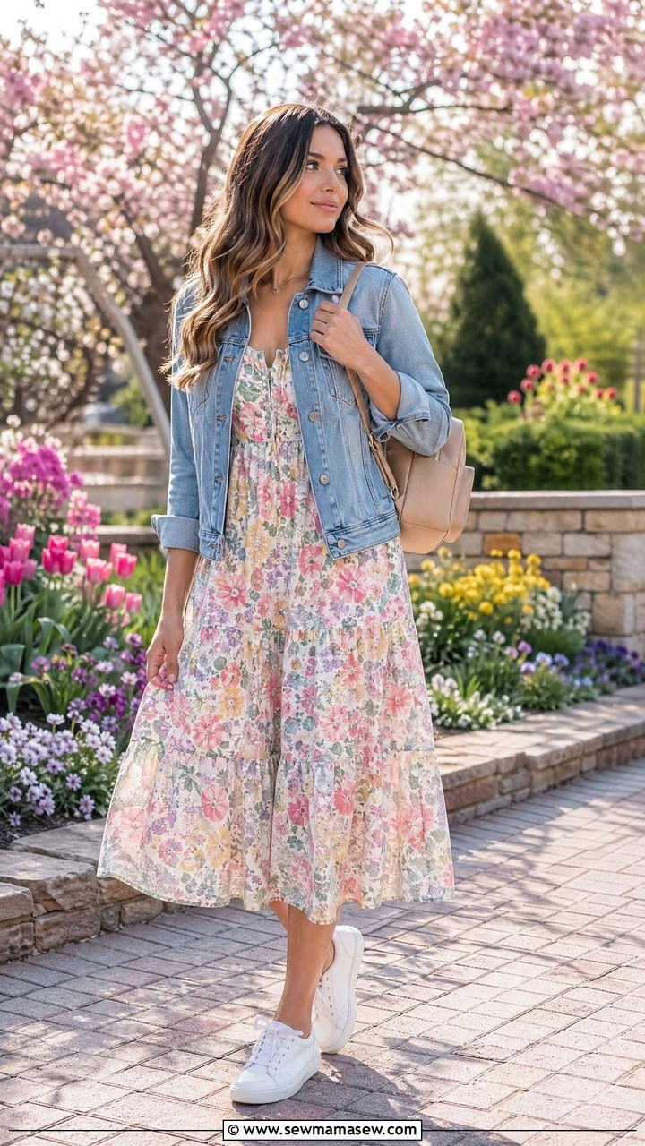 Sundress and denim jacket for spring vacation - 35 Family vacation outfit ideas