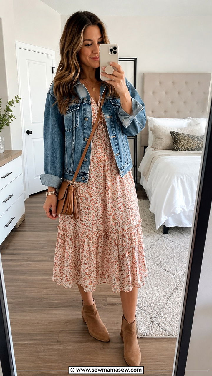 Sundress with Denim Jacket for 50 Degrees - 20 Summer outfits for 50 degree weather