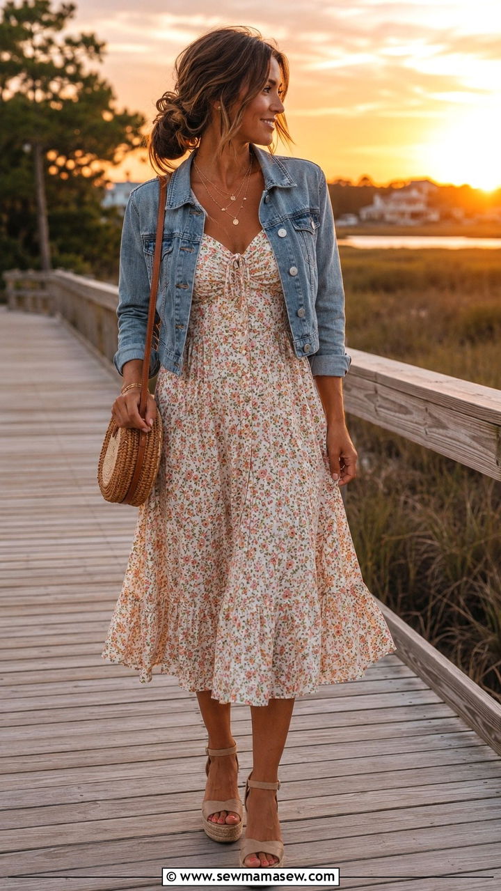 Sundress with a lightweight denim jacket - 25 Balmy evening outfit ideas