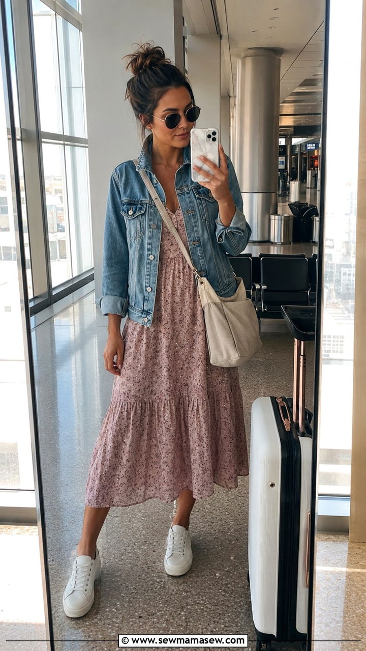 Sundress with denim jacket airport outfit summer Europe - 25 Airport outfit ideas summer Europe