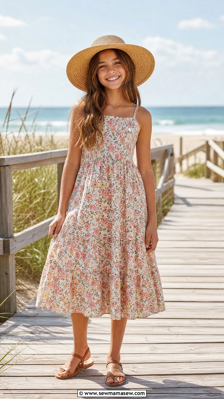 Sundress with straw hat and flat sandals - 25 Tween outfit ideas for 12 year olds
