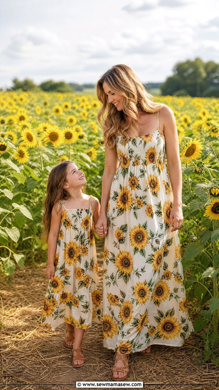 Sunflower print maxi dress with tan leather sandals outfit - 30 Summer mommy and me outfits