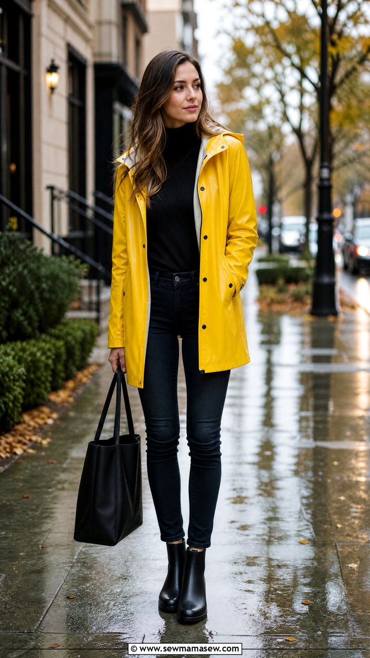 Sunny Yellow Raincoat with Dark Skinny Jeans - 25 rainy day outfits aesthetic