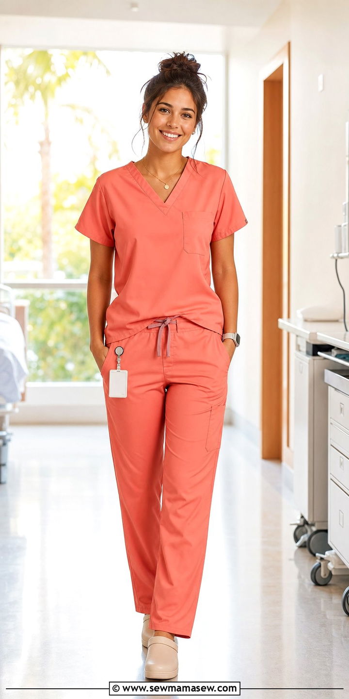 Sunset Coral Scrub Set With Neutral Accessories - 25 Summer nurse outfits
