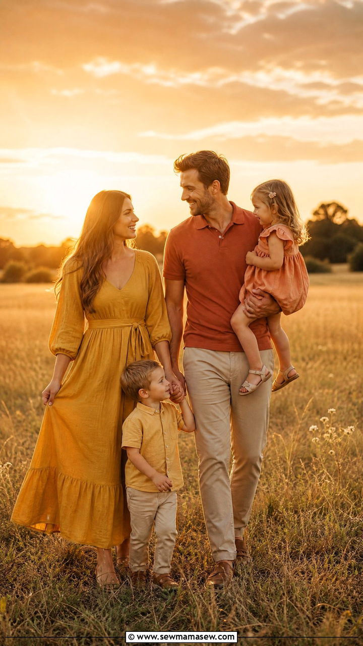 Sunset Golden Hour Warm Tone Family Photo Outfits - 30 summer family photoshoot outfit ideas