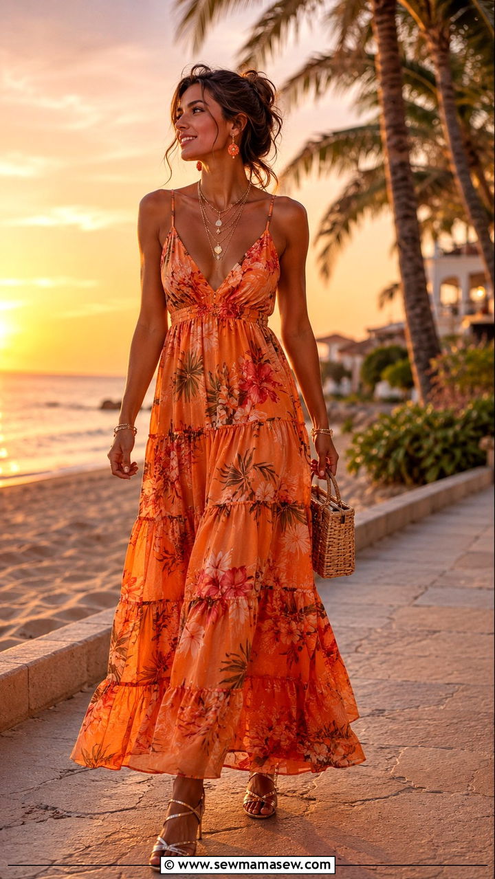 Sunset Orange Tiered Maxi Dress with Metallic Sandals - 30 Resort wear outfit ideas 2026