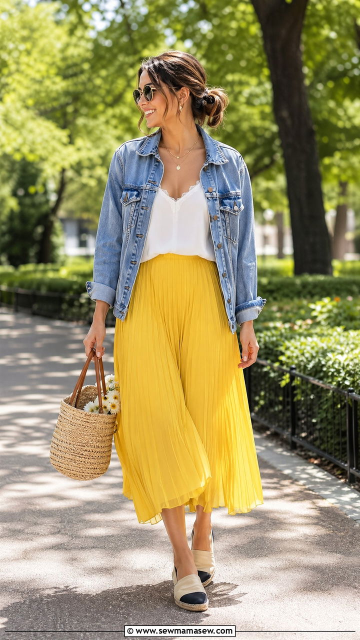 Sunshine Yellow Midi Skirt and Denim Jacket Outfit - 35 Dopamine dressing outfit ideas