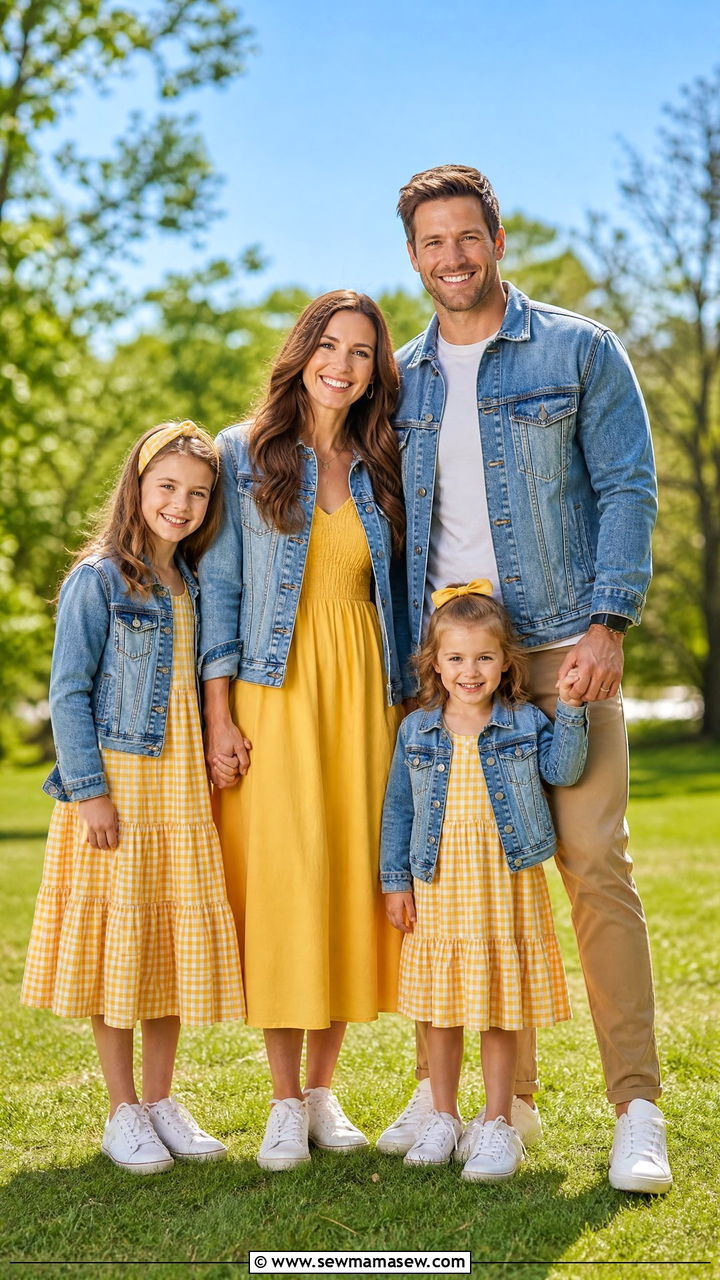 Sunshine Yellow With Denim Jackets For Cheerful Family Photos - 30 family photo outfits ideas