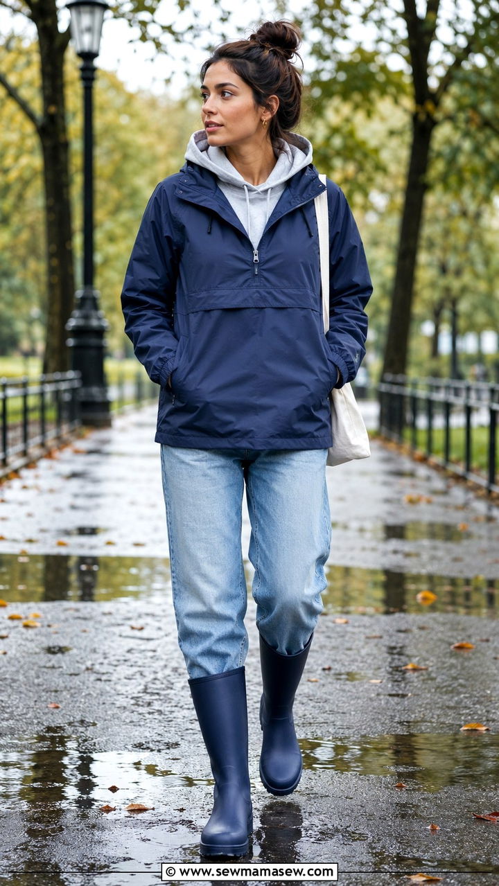 Sustainable rubber rain boots with casual layers - 20 Thunderstorm outfit ideas