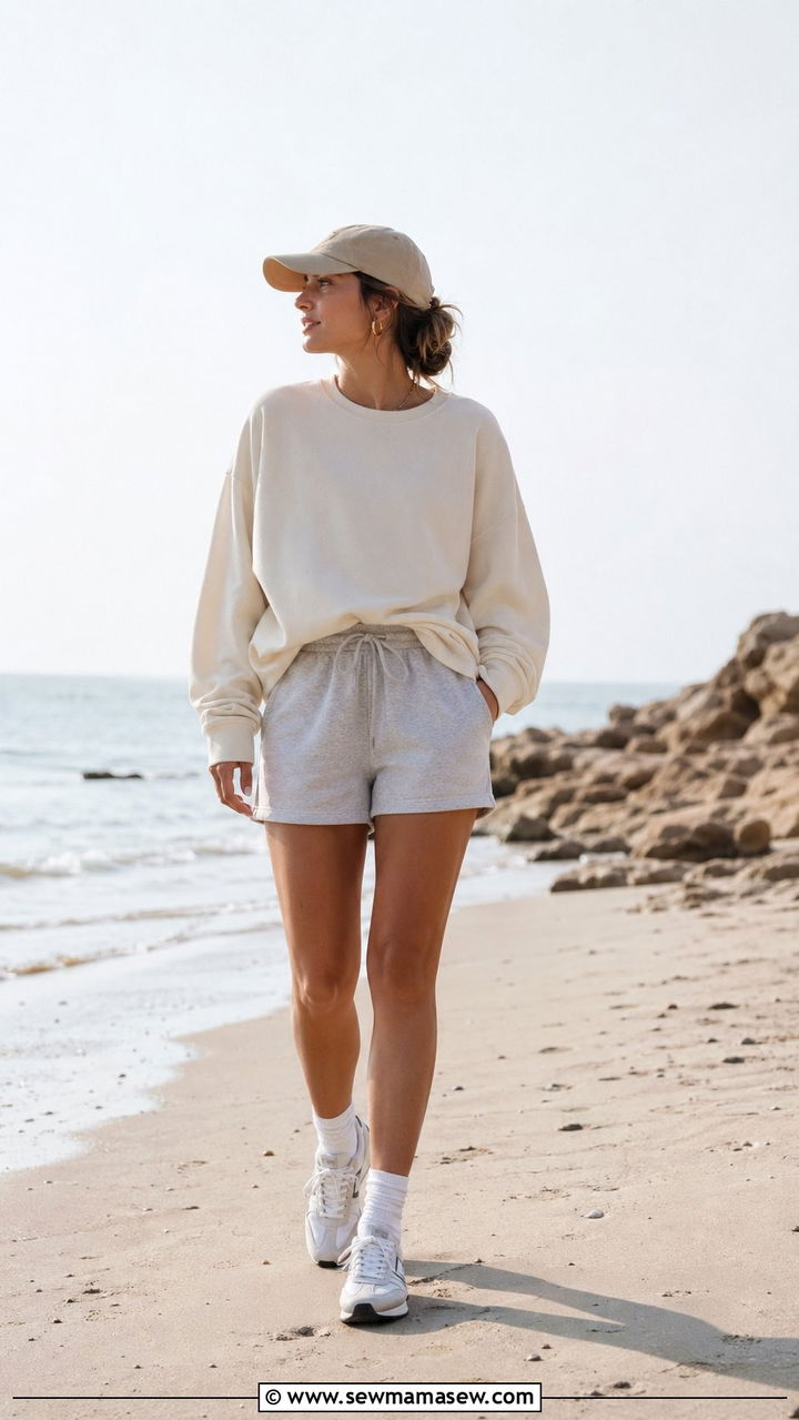 Sweat Shorts with Oversized Crewneck and Ankle Socks - 35 athleisure outfits for women