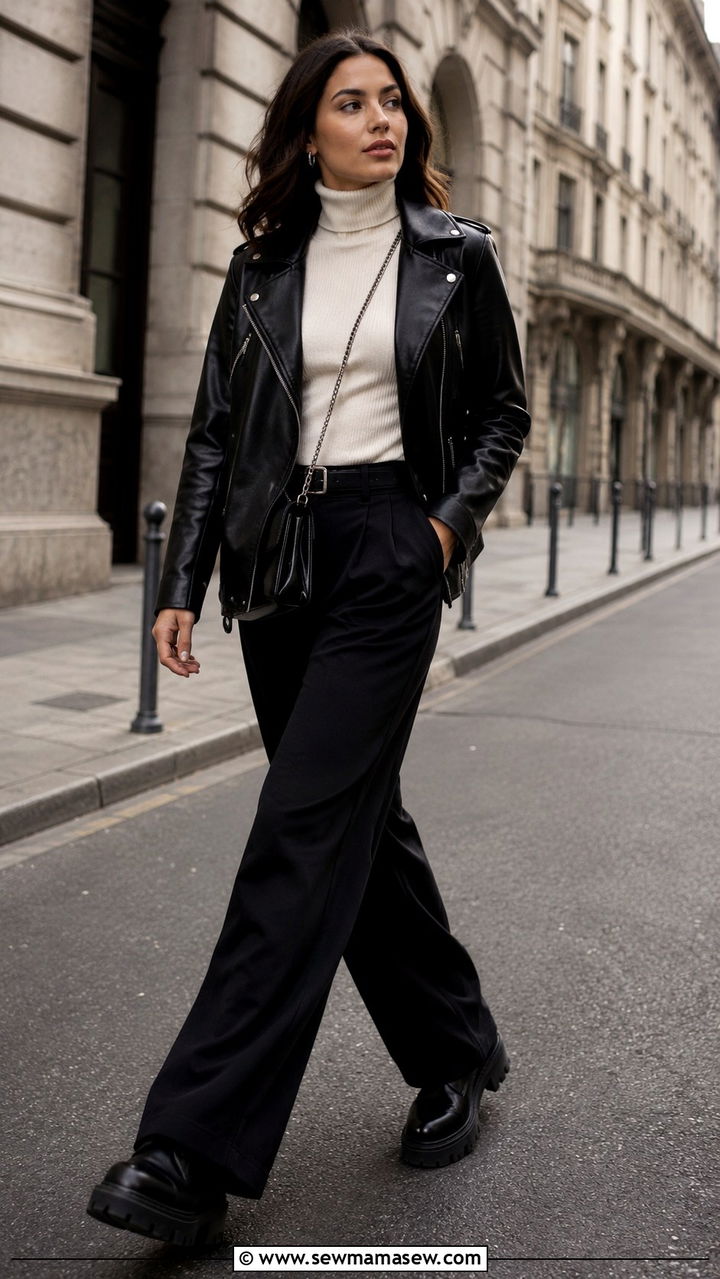 Sweater And Leather Jacket With Wide Leg Pants - 25 Wide leg pants outfit ideas with a sweater
