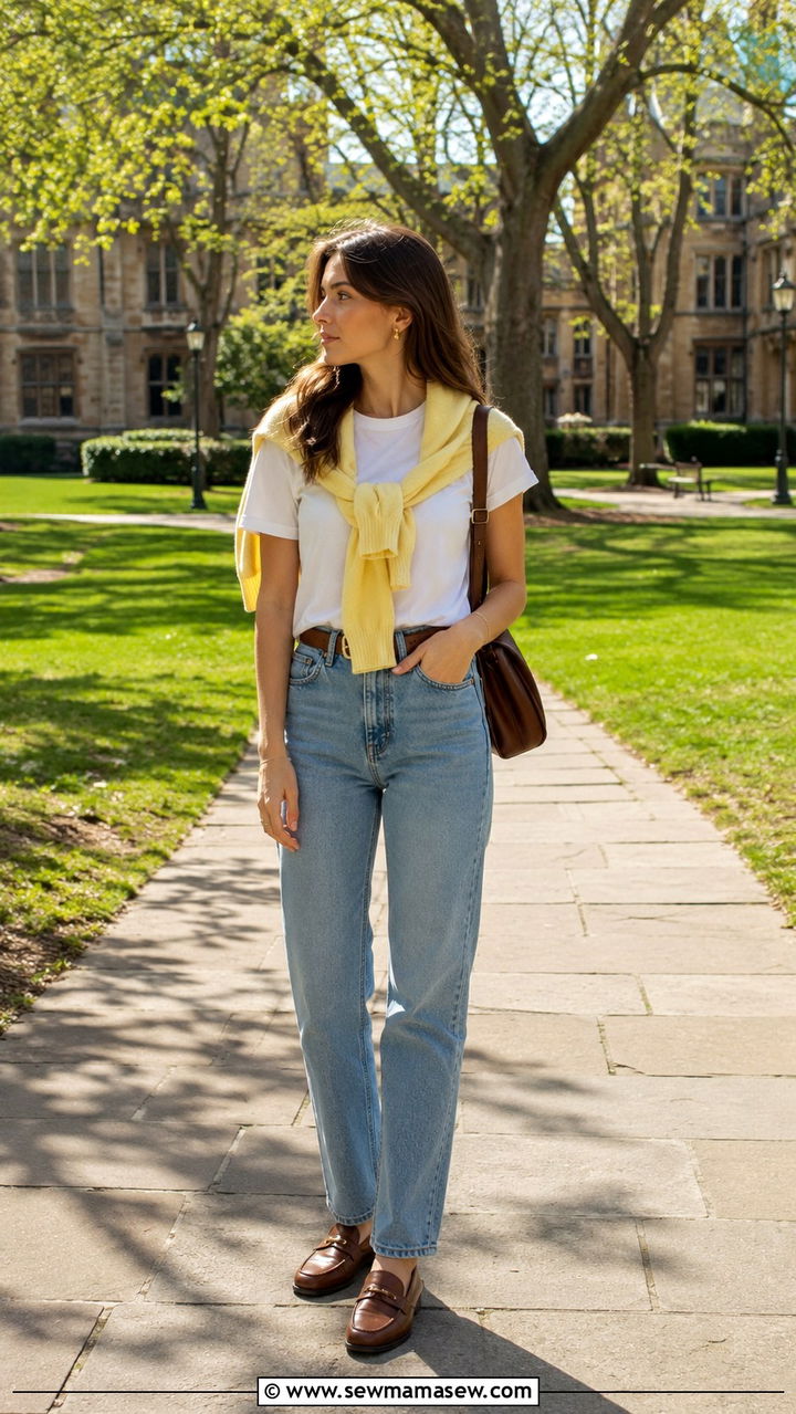 Sweater Draped Over Shoulders With Jeans - 30 Preppy school outfits