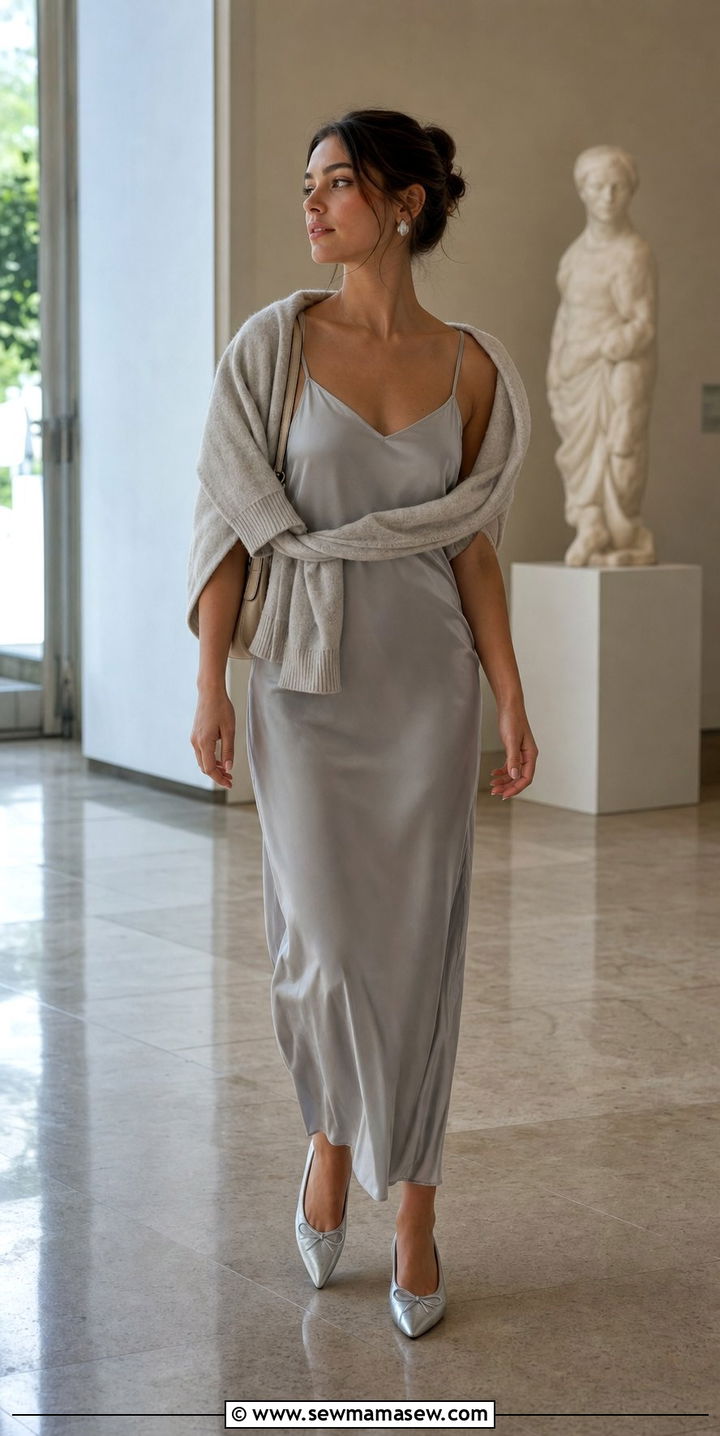 Sweater Draped Over Slip Dress With Ballet Flats Outfit - 35 Balletcore spring outfits