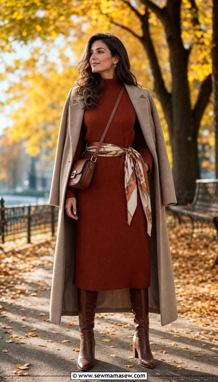 Sweater Dress Cinched With A Silk Scarf Belt - 25 Silk scarf as a belt outfit ideas