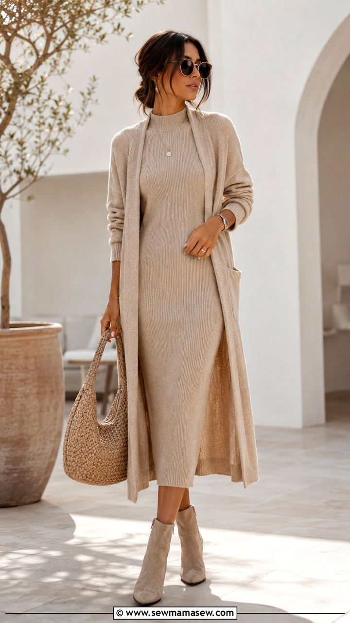 Sweater Dress In A Neutral Tone With Monochromatic Layers - 30 How to style a sweater dress in spring